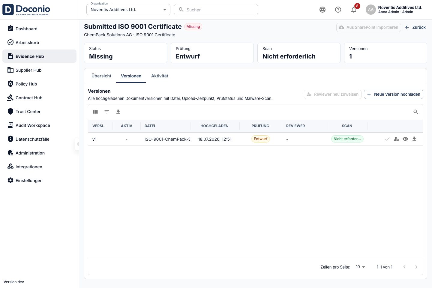 Doconio-Dokumentversion mit einem eingereichten ISO-9001-Zertifikat vor der Prüfung