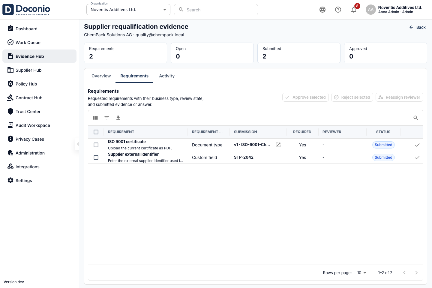 Doconio evidence request with submitted supplier evidence and a structured answer
